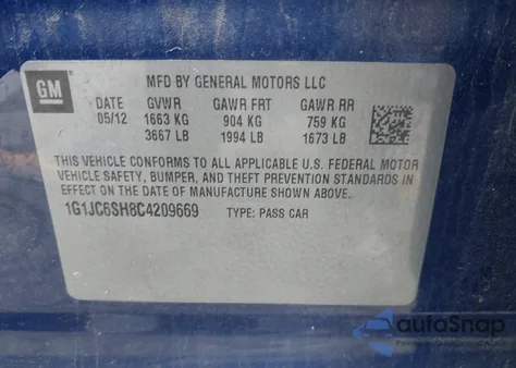 2012 Chevrolet Sonic 2Lt z USA, uszkodzony, nr VIN 1G1JC6SH8C4209669